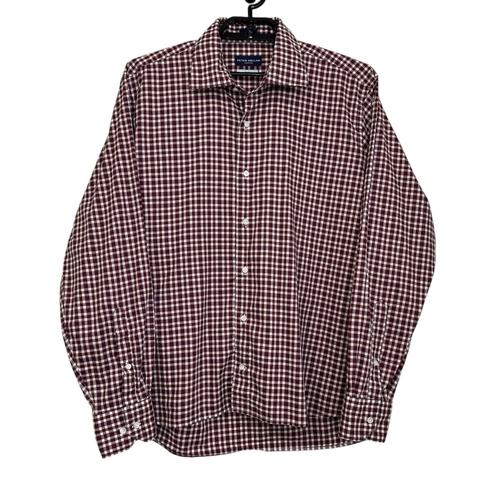 Peter Millar Mens Flex Finish Check Plaid Long Sleeve Button Up Shirt Sz Lg Red
